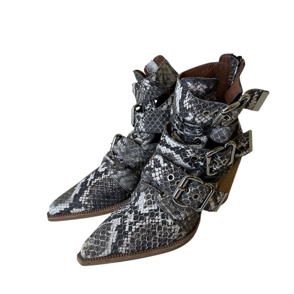 JEFFREY CAMPBELL Snakeskin Buckle Ankle Caceres Bootie in Brown & Grey Snake - Picture 2 of 14